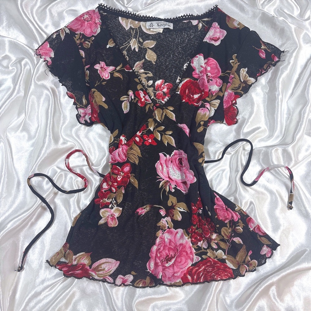 y2k Blouse Black Excellent Floral Lace Trim Mesh Waist Tie Top XL USA